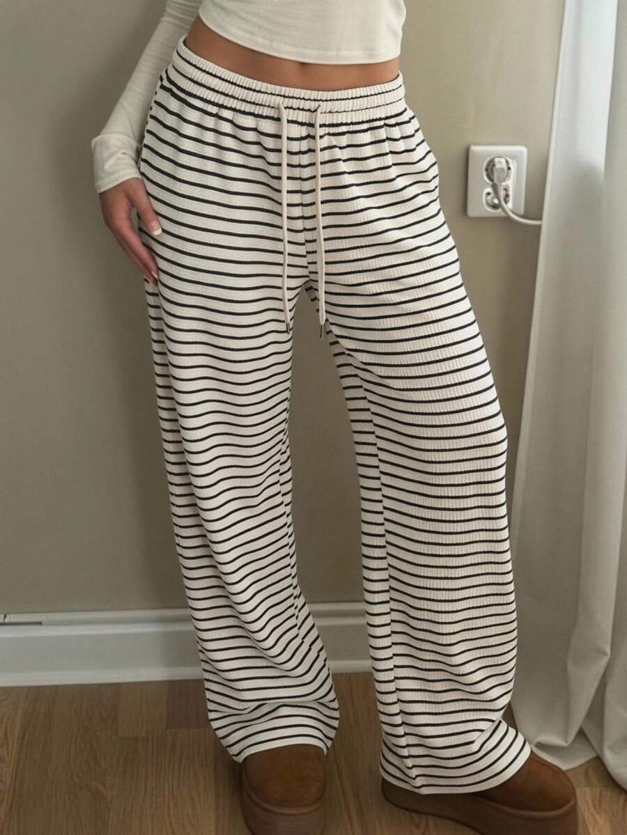SHEIN EZwear Women's Casual Black And White Striped Drawstring Waist Sweatpants Lounge Summer - Apricot - View 1