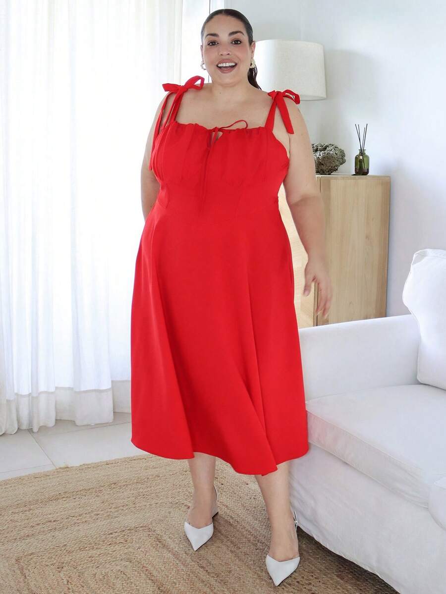 Pretty and Ole 大码女式纯色简约日常系带腰带连衣裙新年服装长款女装 - 紅色 - 查看 1
