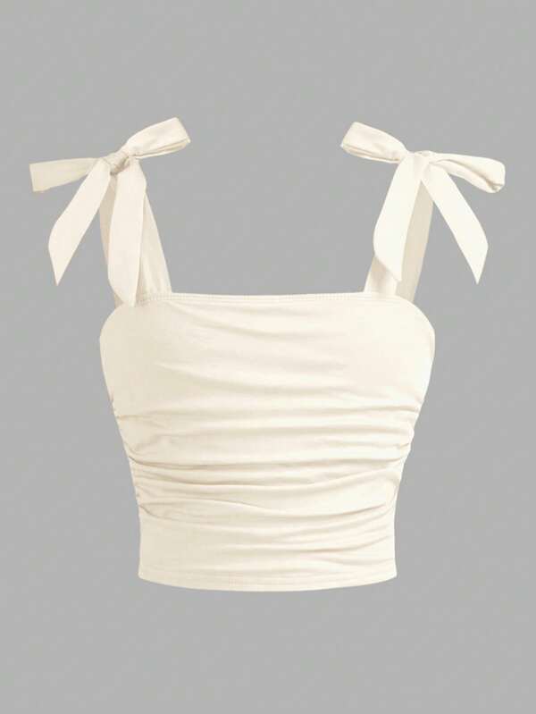 Áo tank top hai dây ôm dáng, thanh lịch, màu trơn, ngọt ngào, thắt nơ ở vai, xếp ly.