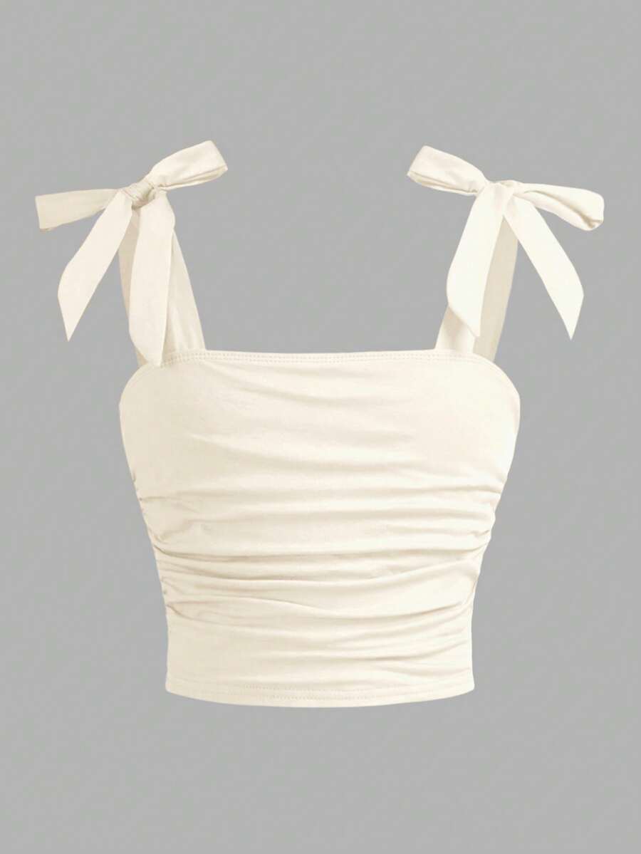Tween Girl Elegant Solid Fitted Sweet Bow-Knot Tie Shoulder Side Ruched Cami Tank Top - Apricot - View 1