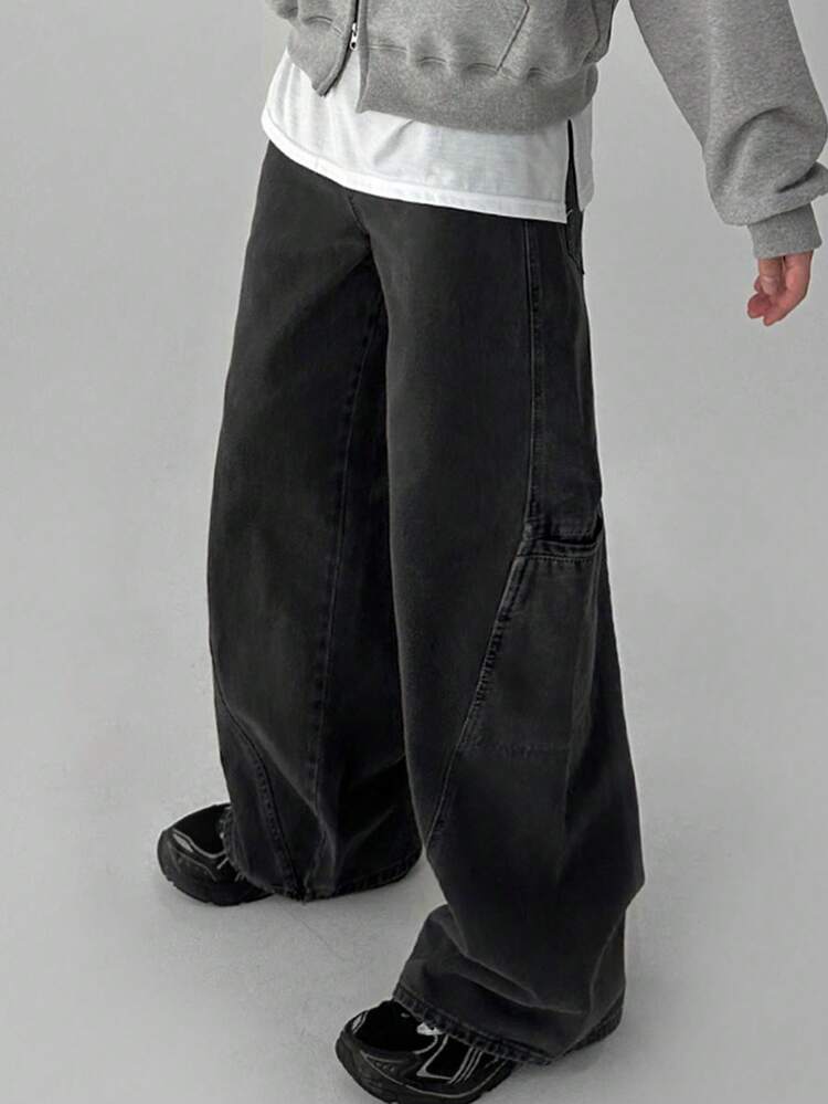 Long Distressed Dark Grey Men's Denim Jeans