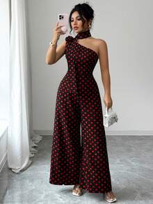 GlowEve CURVE Plus Size Women's Elegant Black & White Polka Dot Asymmetric Neck Jumpsuit, Suitable For Commuting, Spring/Summer - Multicolor - View 6