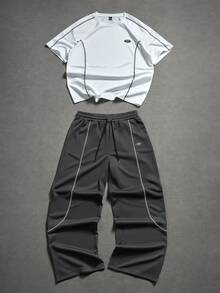 Manfinity Roghcode Men's Contrast Trim Round Neck Loose T-Shirt And Wide Leg Pants Casual Suit - Multicolor - View 3