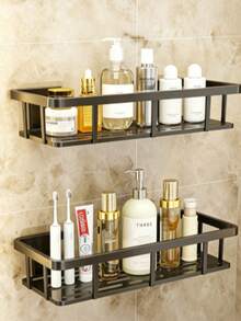 Rak Sudut Kamar Mandi, Rak Penyimpanan Plastik Kamar Mandi, Rak Kamar Mandi Dalam Ruangan, Tempat Sampo Dinding Kamar Mandi, Kotak Penyimpanan Dapur & Kamar Mandi, Keranjang Mandi, - Organizer Sabun Mandi dan Kosmetik - Mudah Dipasang, Desain Anti-Selip - Hitam - View 1