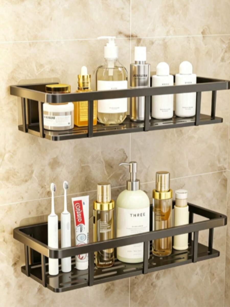 Rak Sudut Kamar Mandi, Rak Penyimpanan Plastik Kamar Mandi, Rak Kamar Mandi Dalam Ruangan, Tempat Sampo Dinding Kamar Mandi, Kotak Penyimpanan Dapur & Kamar Mandi, Keranjang Mandi, - Organizer Sabun Mandi dan Kosmetik - Mudah Dipasang, Desain Anti-Selip - Hitam - View 1