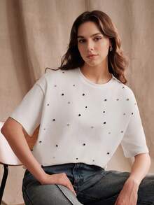 Anewsta Summer Fresh Colorful Rhinestone Embellished Fashion Women's Round Neck Loose T-Shirt - White - View 1