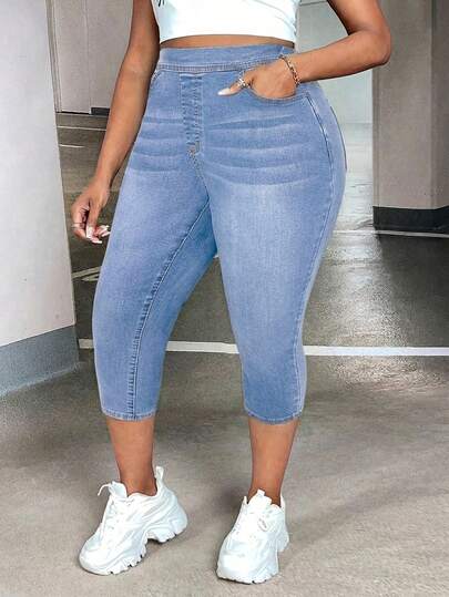 SHEIN SXY Plus Size Contrast Color Slant Pocket Skinny High Waist Jeans