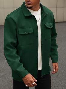 Manfinity Homme Plus Size Men's Solid Color Long Sleeve Wool Shacket - Green - View 4