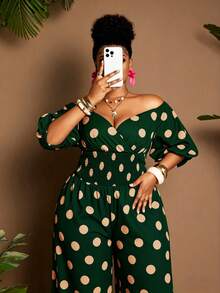 Maweii Plus Size Off-Shoulder Polka Dot Drawstring Waist Short Sleeve Jumpsuit For Vacation - Multicolor - View 1