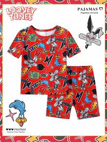 LOONEY TUNES X SHEIN GraphicGems 2件套春夏男婴卡通印花短袖T恤和短裤针织弹力面料紧身舒适家居服套装 - 紅色 - 查看 7
