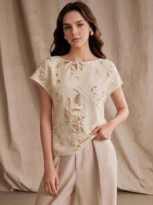 Anewsta Áo thun ngắn tay nữ mùa hè mới, thanh lịch, thêu ren đính sequin màu mơ, áo sequin nữ, trang phục nghỉ dưỡng nữ, thích hợp cho đi chơi, kỳ nghỉ, đi làm, công sở, áo thun nữ thường ngày. - Màu be - Xem 6