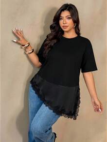 Auralis Plus Size Women's Solid Color Round Neck Short Sleeve Asymmetric Hem Casual T-Shirt Black For Women Lace Trim Formal Summer - Black - View 7