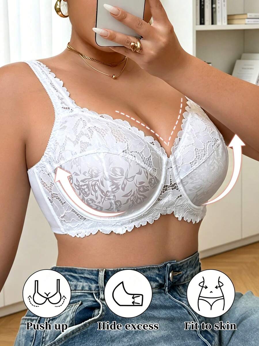 Áo ngực Base Rule Underwear & Sleepwear 1 chiếc dành cho nữ cỡ lớn, có gọng, họa tiết ren hoa, không đệm mút, thoải mái và nâng đỡ tốt, dây đeo rộng. - trắng - Xem 1
