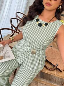 Weeklong Plus Size Women Spring/Summer Sleeveless Plaid Asymmetric Hem Casual Vacation Outfit - Multicolor - View 5