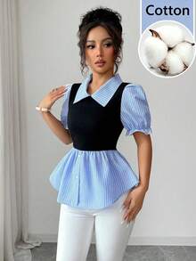 Elenzga Blusa de parche a rayas azul y blanca 2 en 1, blusa de parche elegante con cuello, mangas con volantes, dobladillo con volantes y cintura ceñida para uso diario para mujeres, atuendo casual moderno y retro para mujeres, blusas casuales para mujeres - Multicolor - Ver 3