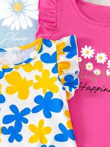 Set de 3 piezas: Camiseta de punto de cuello redondo con estampado de margaritas e irregulares florales, blusa con mangas acampanadas y volantes, conjunto de vacaciones de verano, nueva moda primavera/verano 2026, cómoda camiseta de manga corta de punto, adecuada para uso diario y vacaciones - Multicolor - Ver 3
