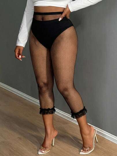 SHEIN SXY Plus Size Women Sexy Contrast Lace Sheer Fishnet 3/4 Length Leggings