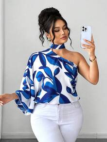 SHEIN Elenzya Áo kiểu thời trang thường ngày, thoải mái, phong cách Pháp cổ điển, thích hợp cho kỳ nghỉ xuân/hè, đi làm, cổ yếm, thắt nơ, in họa tiết hoa. - Màu xanh lam - Xem 8