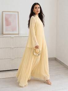 Solavon Vestido feminino estilo árabe, cor sólida, gola falsa, plissado, manga flare - Amarelo - Ver 4