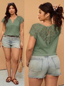 Elaquor Plus Size Women's Solid Color V-Neck Casual Versatile Daily Wear T-Shirt - Mint Green - View 1