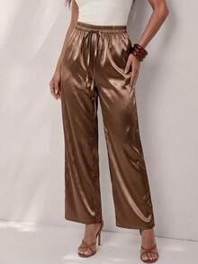 Glamine Women's Elegant Casual Satin Glossy Pants, Espresso Brown Autumn Wide-Leg Trousers, Loose Elastic Waist Drawstring For Vacation, Business - Coffee Brown - View 2