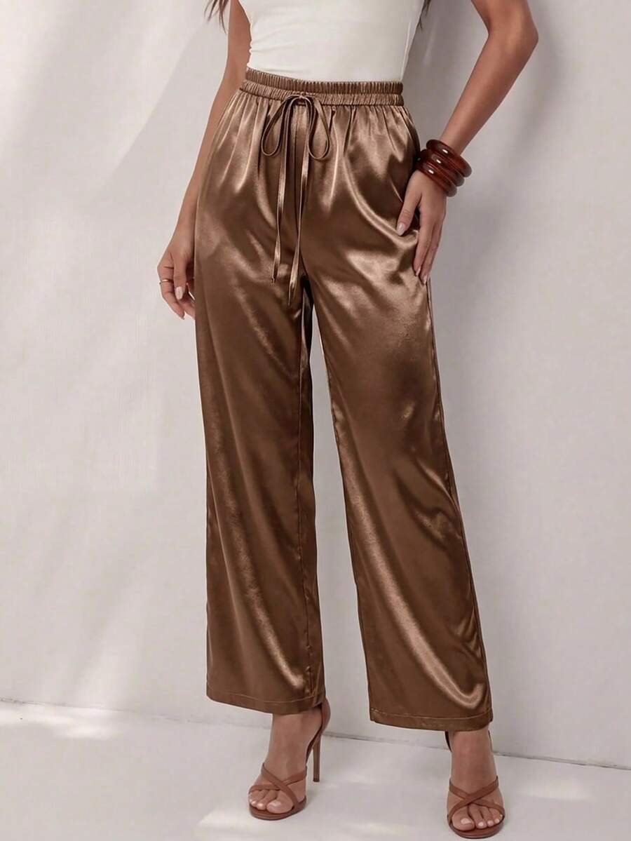 Glamine Women's Elegant Casual Satin Glossy Pants, Espresso Brown Autumn Wide-Leg Trousers, Loose Elastic Waist Drawstring For Vacation, Business