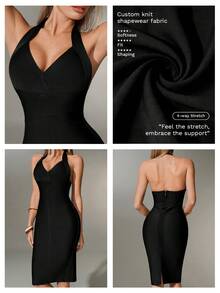 Nuvra Charming Vacation Flattering Curve Halter Deep V-Neck Cinched Waist Bodycon Solid Color Knit Party Cocktail Dress - Black - View 9