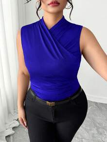 Elenzga Atasan Wanita Ukuran Besar Warna Polos Berlipit dengan Kerah V Silang, Elegan untuk Bepergian - Royal Blue - View 4