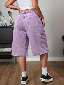 SHEIN ICON Pantalones cargo azul desgastado de corte recto y holgado con bolsillos grandes - Morado - Ver 3