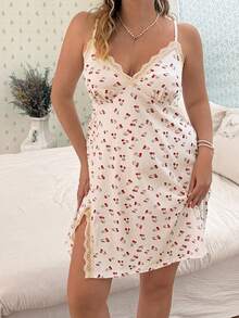 CottageSlumber Plus Size Women's Romantic Ditsy Floral Lace Patchwork Camisole & Robe 2-Piece Sleepwear Set - Apricot - View 12