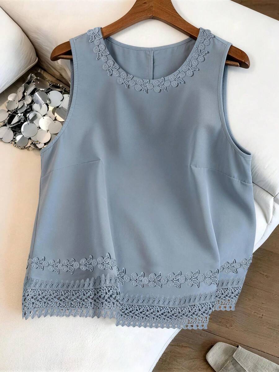 Modelyn Áo tank top nữ cỡ lớn, cổ tròn, viền hoa 3D thanh lịch, thời trang, tôn dáng, đa năng, thích hợp cho mùa hè. - Màu xanh lam - Xem 1