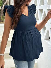 SHEIN Blouse de maternité de couleur unie avec manches à volants et nœud dans le dos pour les vacances - Bleu marine - Voir 5