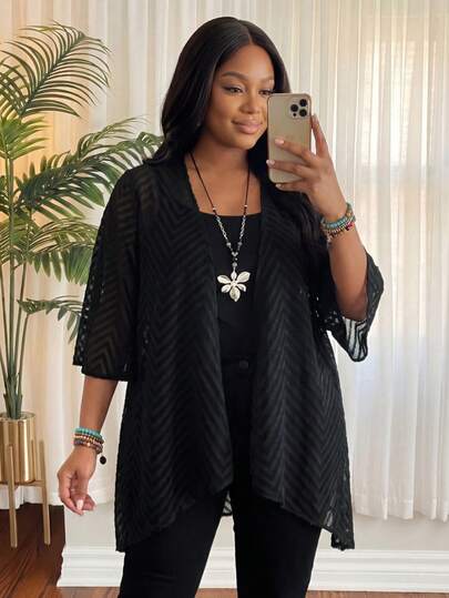 SHEIN Lady CURVE Plus Size Women's Solid Color Striped Casual Loose Hollow-Out Cutout Jacket Black Kimono Black Coverups For Women Black Sheer Cardigan,Fall Clothes For Women Plus Size Cardigan,Fall Outfits For Women,Chic Autumn