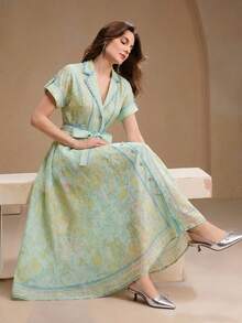 Anewsta Tall Vestido midi elegante de color verde claro con cuello de strass, manga corta y cintura con lazo para vacaciones, para mujeres, primavera/verano, mujeres altas - verde menta - Ver 1