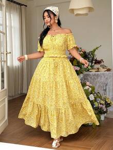 FleurLily Plus Size Women's Summer Yellow Boho Picnic Holiday Ditsy Floral Off-Shoulder Puff Sleeve Shirred Slim Shirt,Layered Ruffle Hem Skirt Two Pieces Set - Yellow - View 6