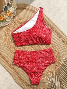 Swim Vcay Bộ 2 món gồm áo bikini hai mảnh màu đỏ tía in họa tiết Paisley và hạt điều, kiểu dáng nhún vai và quần cạp cao, đồ bơi nữ. - Nhiều màu - Xem 2