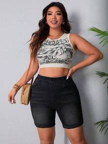 Slaydiva Plus Size Women Pocketed Denim Shorts, Fashionable & Versatile - Black - View 4