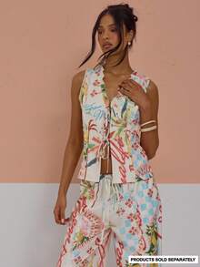 MUSERA Ruffled Hem Tie Open Front Printed Top Coord Top Only Cute Sexy Spring Summer Holiday Vacation Going Out Girly Cool Girl Late Checkout - Multicolor - View 1