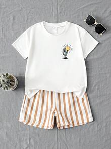 SHEIN Playful Pals 2件組 小男孩白色夏季家庭度假休閒套裝，口號與汽車圖案插肩袖上衣搭配條紋短褲，春夏戶外玩樂 - 彩色 - 查看 4