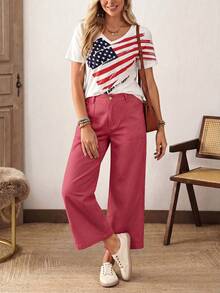 EMERY ROSE Plus Size Women Casual Loose Fit Wide Leg Jeans, Suitable For Vacation, Daily Commute - Red - View 6