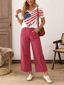 EMERY ROSE Plus Size Women Casual Loose Fit Wide Leg Jeans, Suitable For Vacation, Daily Commute - Red - View 8