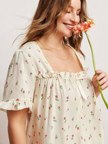 Elorette Camisón, vestido para dormir, vestido largo, muu muu de talla grande para mujer con estampado de rosas, volantes de gasa, cuello cuadrado, detalles cómodos y elegantes con esplendor floral abundante - Albaricoque - Ver 2