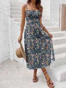 SHEIN Frenchy Đầm đi biển gợi cảm dành cho nữ, họa tiết hoa, thắt nơ phía trước, xẻ tà cao, dây mảnh. - Nhiều màu - Xem 4
