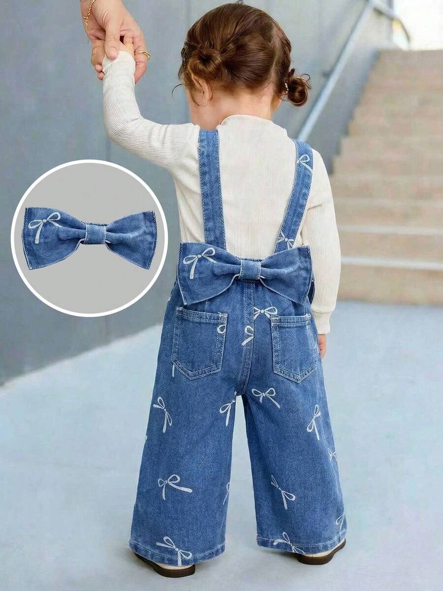 Salopetă albastră din denim pentru bebeluși, cu fundă, croială lejeră, pantaloni cu bretele - Spălare medie - Vizualizare 1