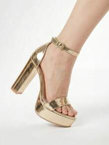 ROMWE Grunge Punk Sandalias de plataforma con tacón alto y resistentes al agua para mujer, zapatos de tacón alto elegantes y de moda para pasarela de verano - Dorado - Ver 5
