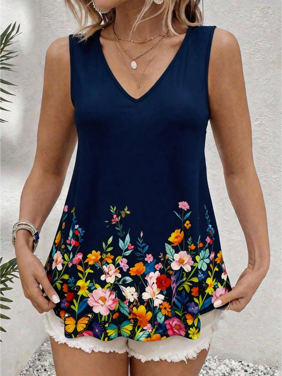 Breezaya 大码女式流行优雅碎花V领吊带背心,适合日常通勤,显瘦百搭,适合外出、派对、拍照、度假等场合。 - 藏蓝色 - 查看 1