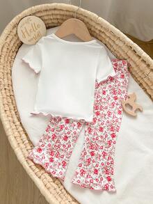 Cozy Pixies Conjunto de camiseta con estampado de lazo rosa y pantalones acampanados para niña - Rosa - Ver 2