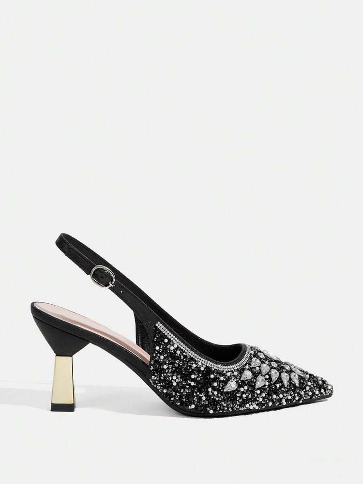 CUCCOO TILAWA Summer Ladies Elegant Luxury Rhinestone Back Empty Shoes Shopping Party Commuter Office Fashion Pointed Black High Heels