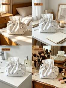 Muroi Mono 1 pièce Sac de rangement pour mouchoirs à cordon avec imprimé floral, boîte à mouchoirs portable en polyester épaissi et imperméable, motif fleurs bleues et blanches, mignon et coquet, esthétique, léger et anti-poussière, organisateur de serviettes pliable et réutilisable, multi-usage pour cosmétiques et articles de toilette, accessoire de décoration de style bohème romantique pour la chambre, la salle de bain, le salon, le bureau, la voiture, les voyages, l'appartement, la chambre d'étudiant, décoration quotidienne, essentiel pour les fêtes et les vacances - Voir 4
