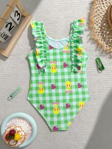 LOONEY TUNES X SHEIN GraphicGems Traje de baño de una pieza con volantes a cuadros para niña, adecuado para vacaciones en la playa, fiestas en la piscina, fiestas en la playa - Multicolor - Ver 2
